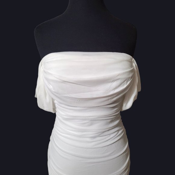 White Bodycon Ruched Stretch Dress - Picture 6 of 12